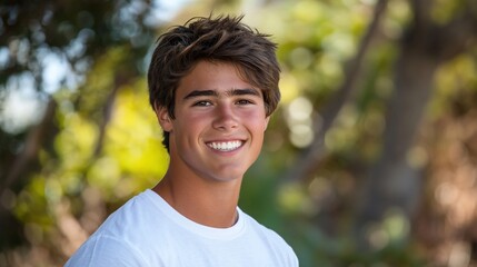 Happy teenage boy smiling outdoors.