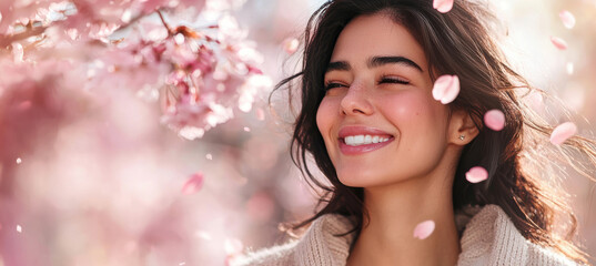 Fototapeta premium Serene Spring Moment Under Cherry Blossoms: Tranquil Beauty in Nature's Petal Dance