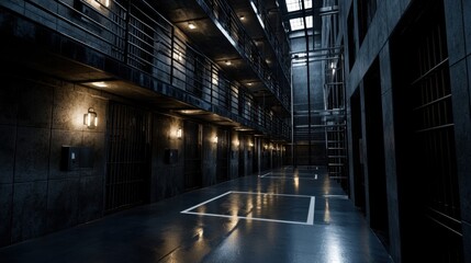 Obraz premium A dark, empty prison cell block with a few lights on