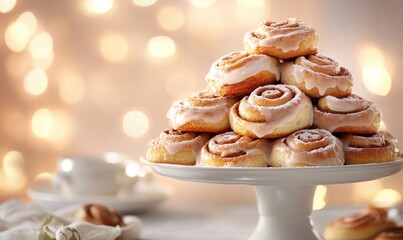 A white cake with a lot of cinnamon rolls on top