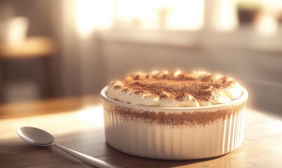 A white dessert dish with a brown topping sits on a wooden table