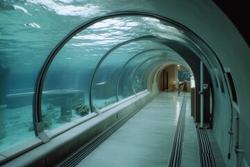 An underwater tunnel with clear glass walls offers a mesmerizing view of the ocean, creating an...