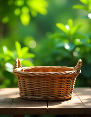 Empty wicker basket on wooden table with blurred nature background