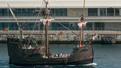 Replica of vessel Santa Maria is passing the port of Funchal timelapse