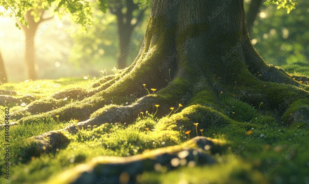 Poster a tree with a large root system is surrounded by grass