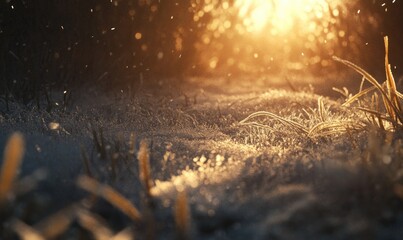 Obraz premium A field of grass with snow on the ground