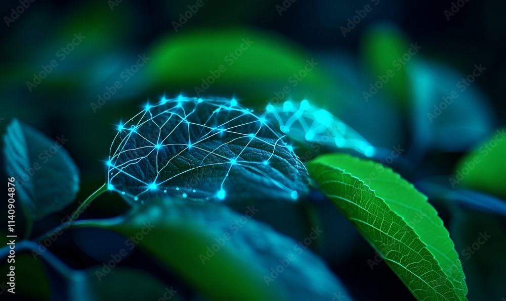 Poster glowing network connecting leaves, symbolizing nature's interconnectedness and technology's integrat