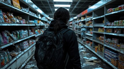 Fototapeta premium A woman wearing a backpack walks through a store with empty shelves