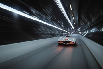 Obraz premium A sleek futuristic car speeds through an illuminated tunnel, creating a sense of motion and innovation in a high-tech setting.