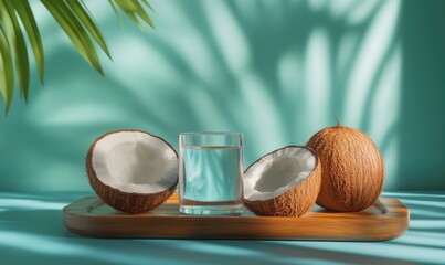 A glass of water is on a wooden tray with two coconuts and a leaf