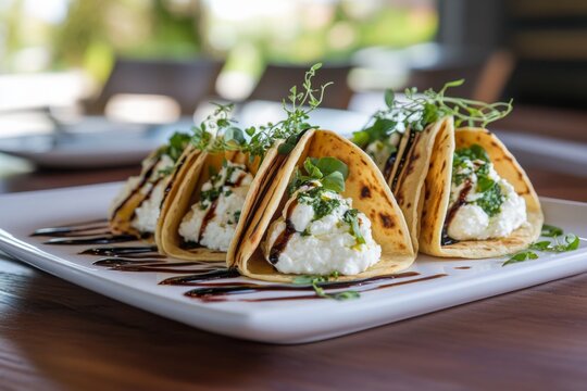 Light-filled dining room setting featuring gourmet tacos brushed with dressing, artfully garnished, and teasingly aromatic, perfect for a brunch setting.