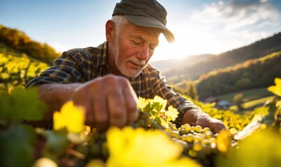 Elderly man harvesting grapes in a sunlit vineyard.