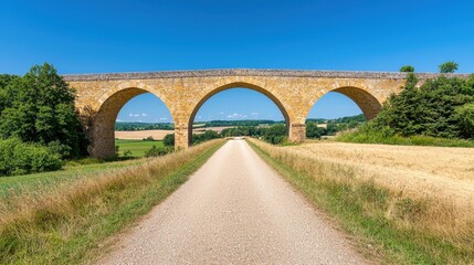 Fototapeta premium Path of beginning and start exploration, A picturesque stone bridge spans a gravel path, surrounded by lush greenery and fields under a clear blue sky.