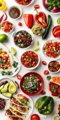 Mexican Food Isolated. Assortment of Colorful and Fresh Mexican Food Items on White Plates