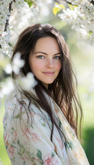 Naklejka premium Serene Spring Moment: Woman in Floral Scarf Among Blossoming Trees
