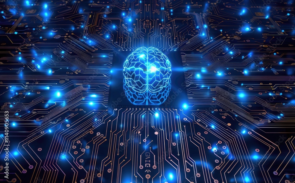 Aufkleber A blue, glowing brain placed on a circuit board, surrounded by light dots and digital lines, with a background featuring an electronic chip, creating a high-tech atmosphere.