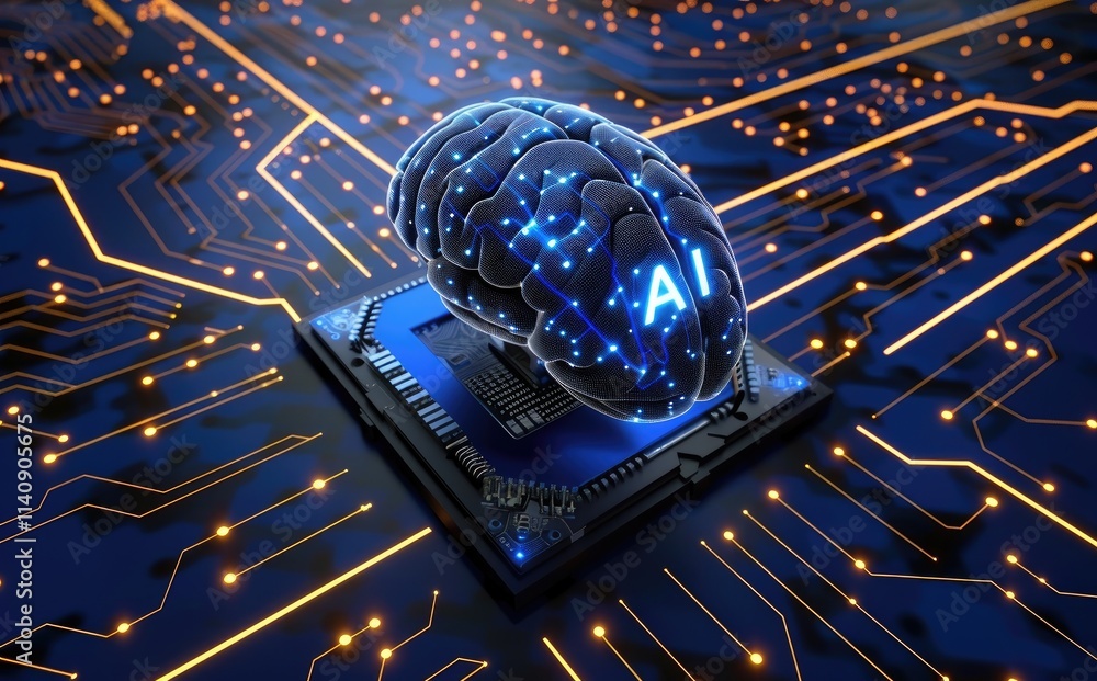 Poster 3d illustration of a blue brain with glowing 
