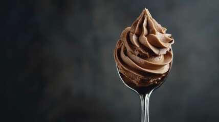 Spoonful of chocolate ice cream with dark, blurred background