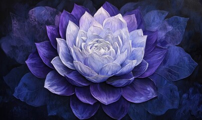 A painting of a purple flower with a white center