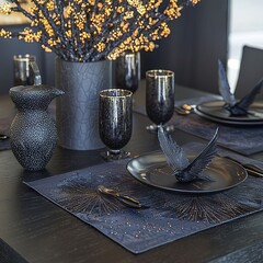 Elegant black dining setup with decorative elements and tableware.
