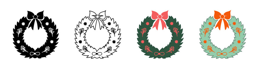 Collection of Festive Christmas Wreaths with Bows and Ornaments. Black silhouettes, outlines, colored versions isolated on white background. Holiday Decoration, Festive Garland, Seasonal Celebration