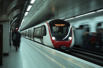 Sleek subway train rushes through a dimly lit urban station, capturing the essence of modern city life and transit.