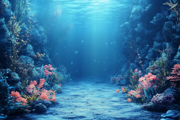 Naklejka premium A serene underwater scene featuring vibrant coral reefs and marine plants. Sunlight filters through the water, creating a tranquil atmosphere with bubbles rising.