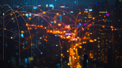 Fototapeta premium Smart digital city with connection cyber security network reciprocity over the cityscape . future smart wireless digital city and social media networking systems that connects people within the city