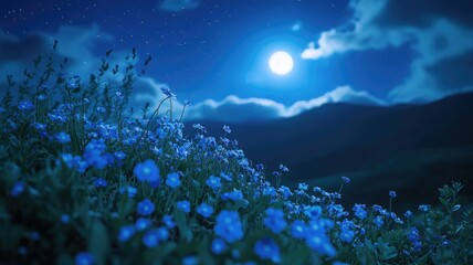 Naklejka premium Moonlit night with meadow of blue flowers under starry sky