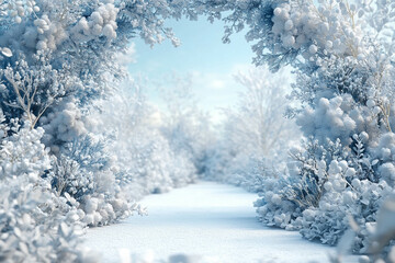 A serene winter landscape featuring a snow-covered pathway framed by frosty trees and bushes. The scene is tranquil, with soft blue skies peeking through the branches, creating a peaceful atmosphere.