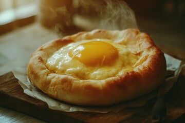 A steaming khachapuri with a golden egg yolk centered in a fluffy cheese-filled bread, emitting a warm, inviting aroma on a rustic wood surface.