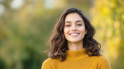 Fototapeta premium Smiling young hispanic female in yellow sweater outdoors