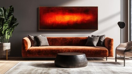 Modern living room with orange velvet sofa, abstract art on wall, contemporary decor