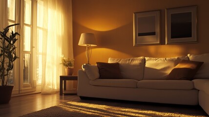 Cozy living room with beige sofa, cushions, and soft lighting, perfect for relaxation
