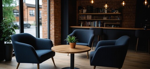 Modern lounge area with three armchairs, a coffee table, and a brick wall.