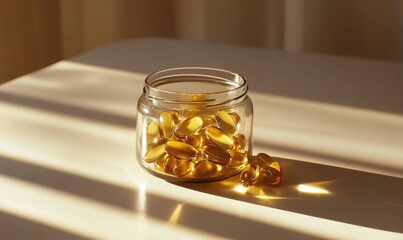 A jar of fish oil pills on a table