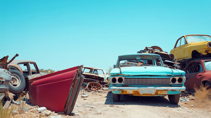 Vintage cars in sunlit junkyard: abandoned automotive relics under clear blue sky