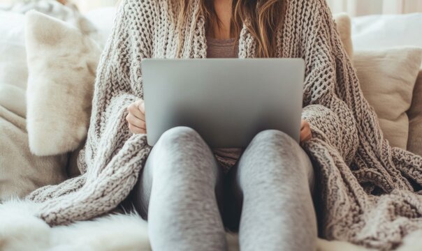 A woman is sitting on a couch with a laptop on her lap