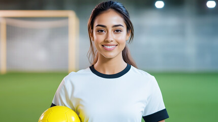Young hispanic female soccer player smiling in indoor stadium