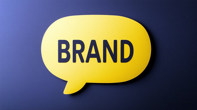 Yellow speech bubble with "brand" text on dark blue background