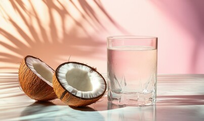 A glass of water is next to a half cut coconut