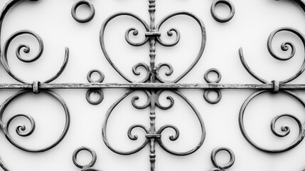 Ornate wrought iron design with intricate swirls on black and white background