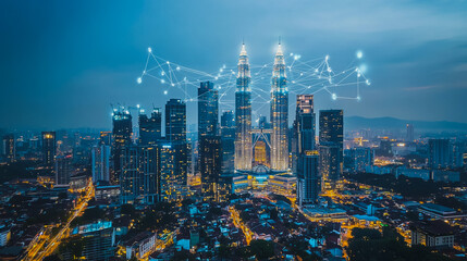 Obraz premium Smart digital city with connection cyber security network reciprocity over the cityscape . future smart wireless digital city and social media networking systems that connects people within the city