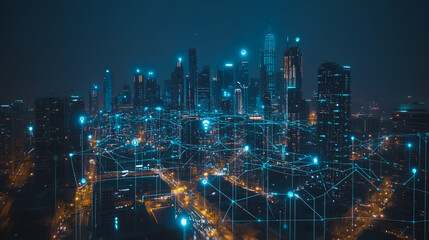 Obraz premium Smart digital city with connection cyber security network reciprocity over the cityscape . future smart wireless digital city and social media networking systems that connects people within the city