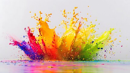 Bright rainbow Holi colors exploding outward in a joyful celebration, filling the frame with vivid splashes on a pure white surface.