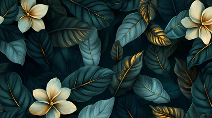 Seamless floral pattern with green leaves and golden accents for elegant wallpaper design. Floral. Illustration