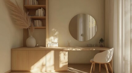 Fototapeta premium Serene Minimalist Home Office Design: Sunlight Drenched Workspace with Wooden Desk and Round Mirror