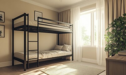 A bunk bed is in a room with a window and a plant