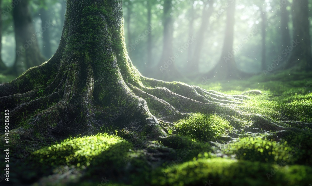 Poster a tree with a large root system is surrounded by green grass
