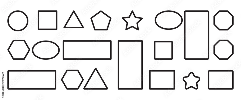 Poster set of geometric outline shapes quadrangle, circle, star, triangle, icons collection, sharp and slig